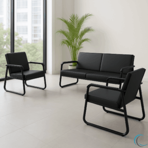 3-Piece Black Steel Reception Sofa Set – 1+1+3 Seater Configuration